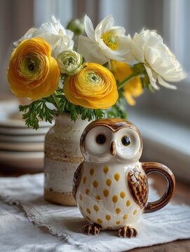 Elegant spring tablescape with white owl mug vases, peonies and ranunculus on white linen table, soft morning light, cozy neutral home decor in warm natural aesthetic setting