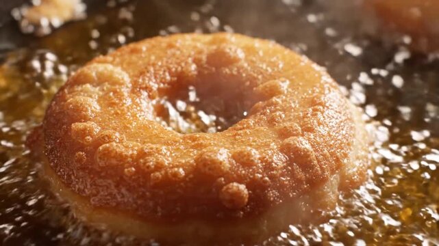 Doughnut frying in hot bubbling oil inside a commercial kitchen deep fryer during food preparation.