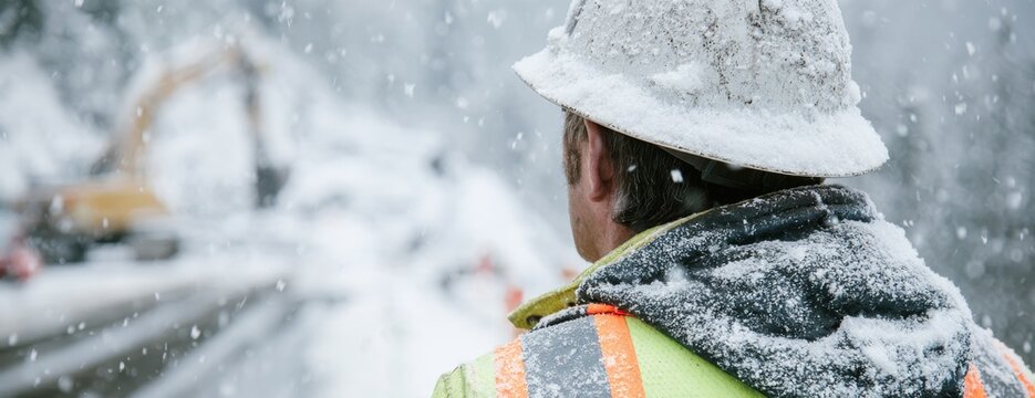 Construction worker in safety gear at snowy winter job site  