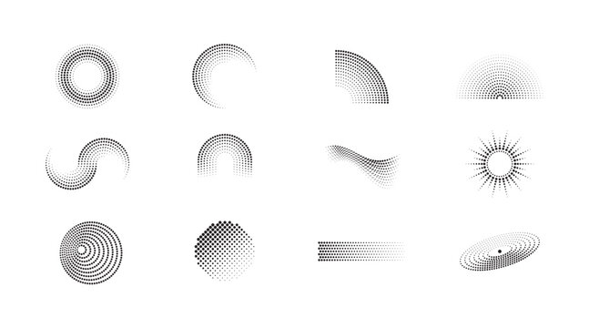 Abstract dotted design elements set. Black halftone ring, crescent, quarter fan, half sun, S swirl, arch, wave mesh, sunburst, concentric disc, gradient bar and orbit rings. Vector