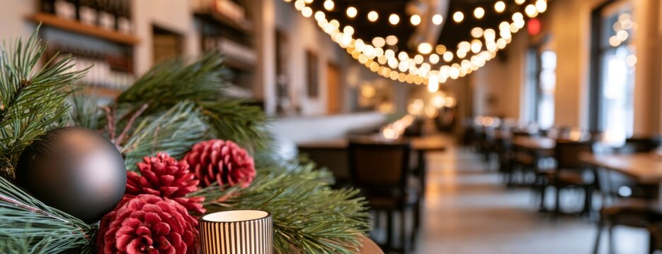 Restaurant decorated for Christmas and New Year with pinecones and lights  