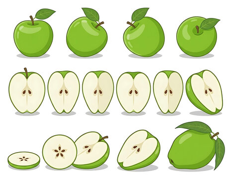 Set of fresh green apple fruits vector illustrations, whole and sliced isolated on white background
