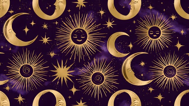 Gold celestial moons and suns on purple cosmic pattern