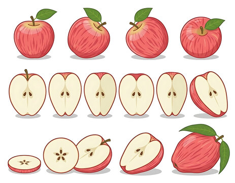 Set of fresh Fuji apple fruits vector illustrations, whole and sliced isolated on white background