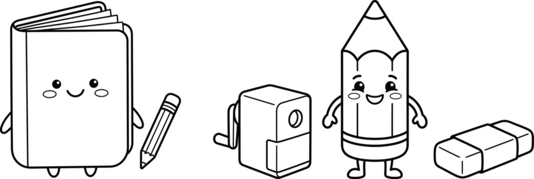 Cute cartoon school supplies characters including a book a pencil a sharpener and an eraser
