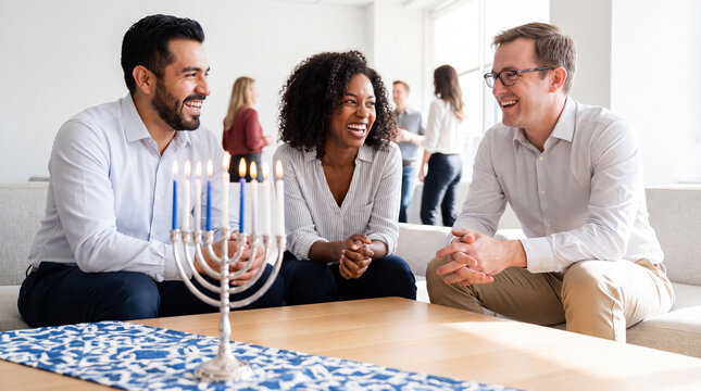 Close-up of laughing professionals with a lit Hanukkah menorah on a blue-and-white runner, radiating cheerful office holiday celebration energy.