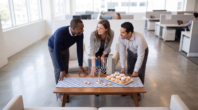 Overhead view of colleagues leaning in around a Hanukkah menorah and donuts, ideal for dynamic workplace holiday event imagery.
