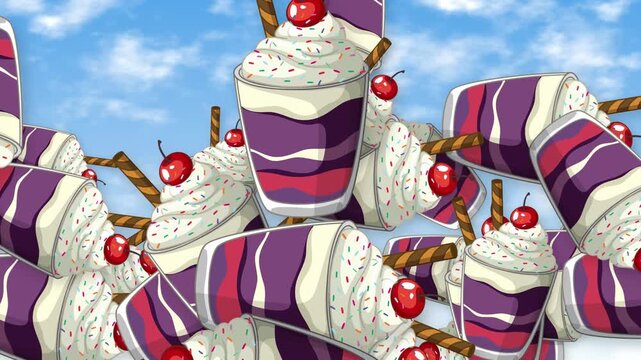 Animated Dessert Cups and Milkshakes Falling Through Blue Sky