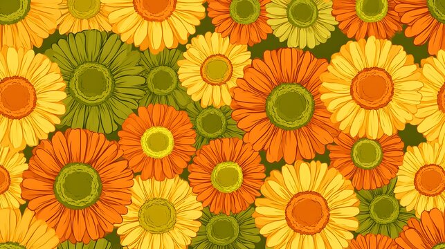 Seamless pattern of retro daisies in orange and avocado green