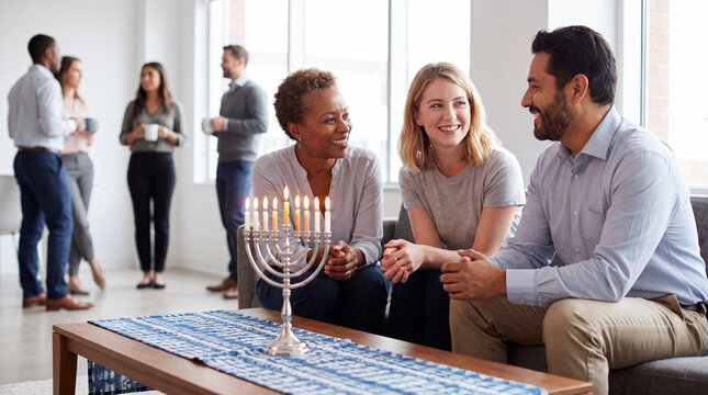 Close portrait of smiling colleagues with a menorah in the foreground, expressing friendly workplace Hanukkah holiday togetherness.