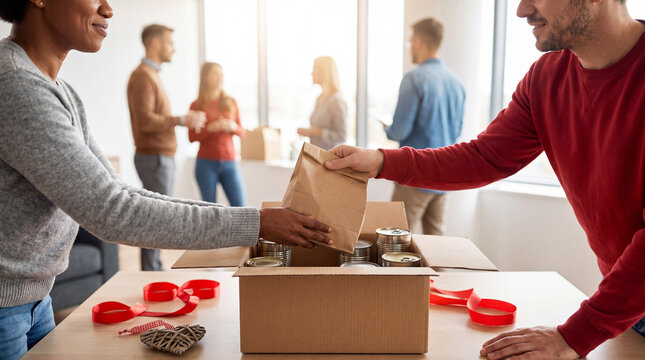 Close-up of hands packing donations and passing a food bag, capturing an intimate Giving Tuesday office charity celebration detail.