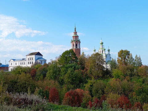 Ancient Resurrection cathedral and Transfiguration church in Cherdyn, Russia, in autumn