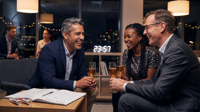 Close-up of laughing professionals with planners and glasses, radiating cheerful New Year's Eve countdown office energy.