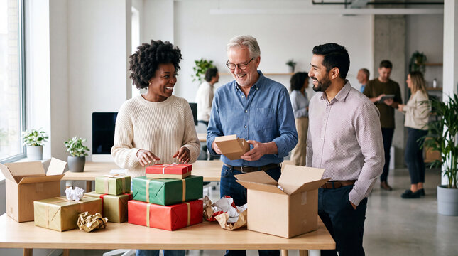 Three diverse professionals smile by stacked gift boxes at a desk, embodying joyful Boxing Day team connection.