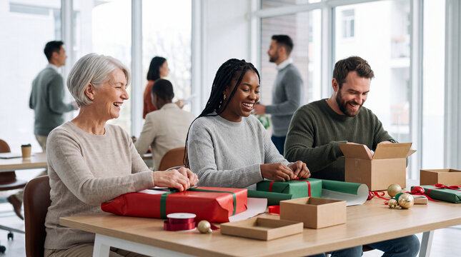 Two women and a man wrap gifts with ribbon at a desk, showing warm inclusive workplace Boxing Day joy.