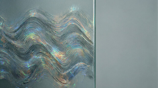 Frosted glass panel featuring etched wave interference patterns with rainbow moire light refraction against a pale grey background