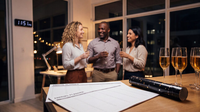 Low-angle shot with planners and confetti in focus and colleagues softly lit behind, creating a warm atmospheric New Year's Eve scene.