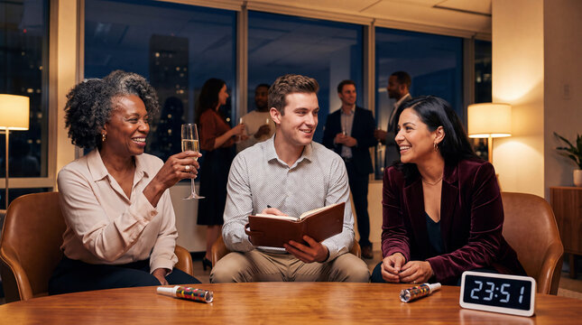 Colleagues toast and check planners among office plants, showcasing a relaxed cheerful New Year's Eve workplace gathering.