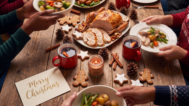 Overhead flat-lay of a Christmas feast with turkey slices, gingerbread, mulled wine and pine cones, ideal for seasonal food marketing.
