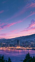 Fototapeta premium Coastal city skyline at dusk with pink clouds and harbor lights