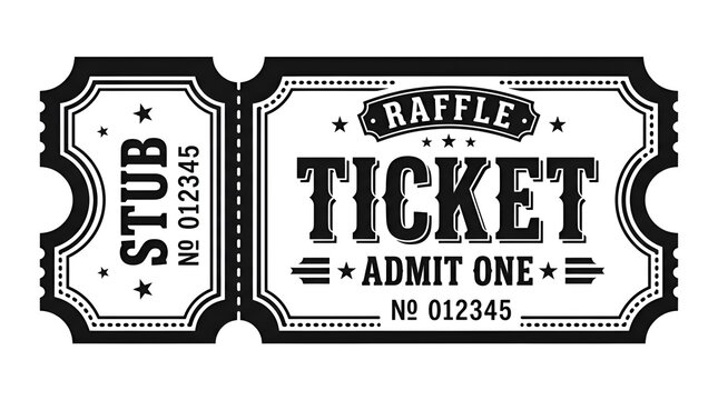 A Black and white raffle ticket stub with admit one text for event