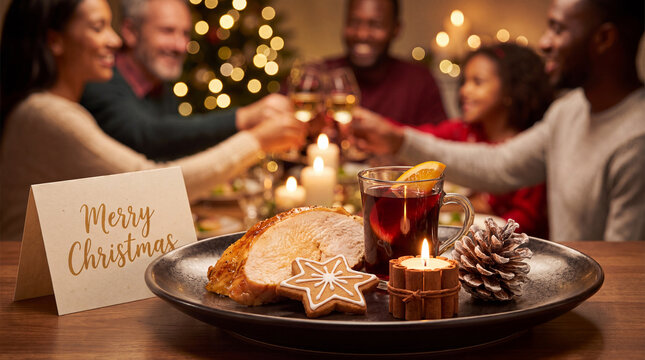 Close-up Christmas dinner setting with turkey, gingerbread cookie, mulled wine and candle, warm mood for festive season promotion.