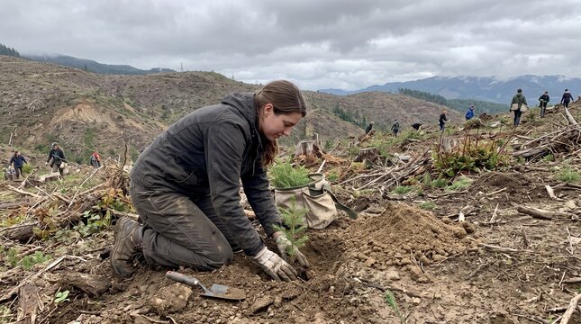 Volunteers planting young evergreen trees on a deforested hillside under a cloudy sky