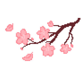 pixel art blooming sakura cherry blossom branch pink spring floral icon