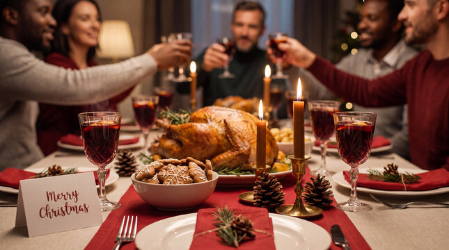 Long Christmas dining table with turkey, gingerbread, mulled wine and a Merry Christmas card, perfect for elegant holiday dinner campaigns.