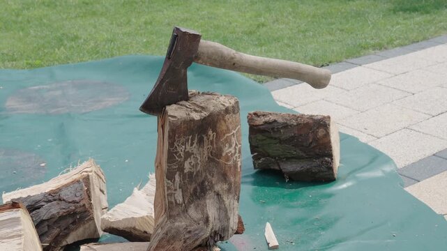 Lumberjack hardworking outdoor. Male lumberjack. Strong lumberjack man with axe. Lumberjack axe. Man with logging axe. Hardworking farmer man. 4k footage