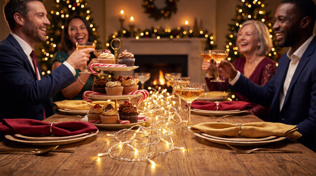 A fun Christmas holiday winter season table scene with cupcakes, candy canes, sparkling drinks and glowing string lights for greeting cards and ads.