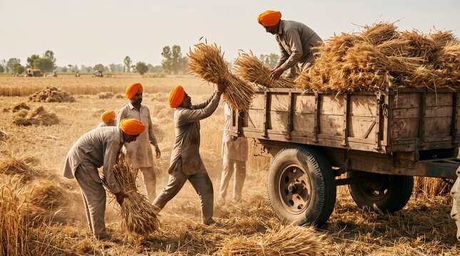 Farmers in Punjab India harvesting wheat crop and loading into a cart wearing traditional turbans and attire