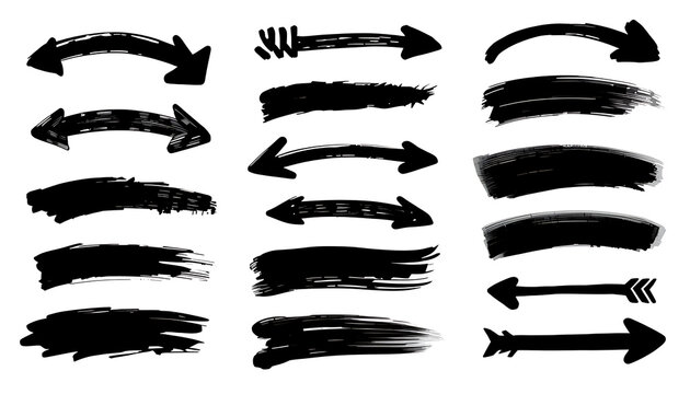 Set of hand drawn black charcoal arrows and grunge brush strokes for design projects
