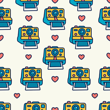 Seamless pattern of colorful retro instant cameras and hearts for birthday party memories and festive photography themed backgrounds