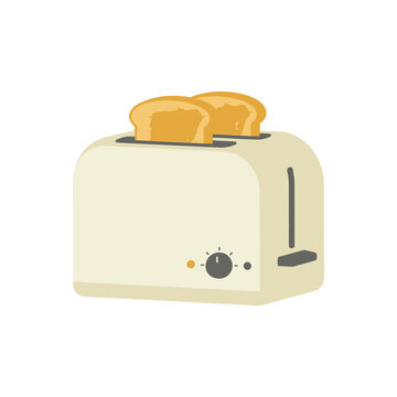 Modern white toaster with two golden brown slices of toasted bread prepared for breakfast served in household appliances equipment for daily morning meal routine.