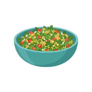 Tabbouleh salad in blue bowl isolated on transparent background for healthy vegetarian diet recipe cards and organic middle eastern food catering photography.