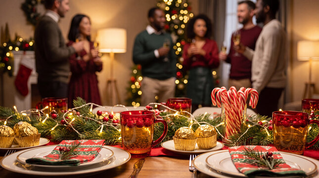 A bright Christmas holiday winter season overhead party table with cupcakes, candy canes, red cups and string lights for social media posts.
