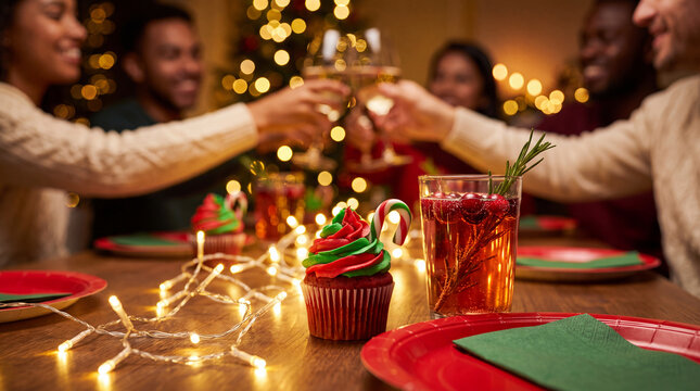 An inviting Christmas holiday winter season table detail with a cupcake, candy cane, sparkling cranberry drink and lights for invitations.