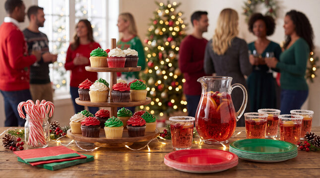 A warm Christmas holiday winter season party table with cupcakes, candy canes, sparkling drinks and glowing lights for website headers and cards.