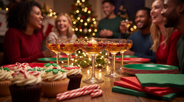 A joyful Christmas holiday winter season celebration table with cupcakes, candy canes, sparkling drinks and string lights for cards and banners.