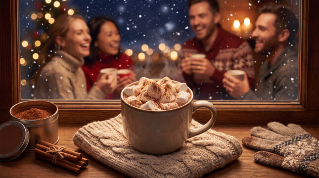 A warm winter holiday seasonal hot cocoa with marshmallows and cinnamon for greeting cards and banners.