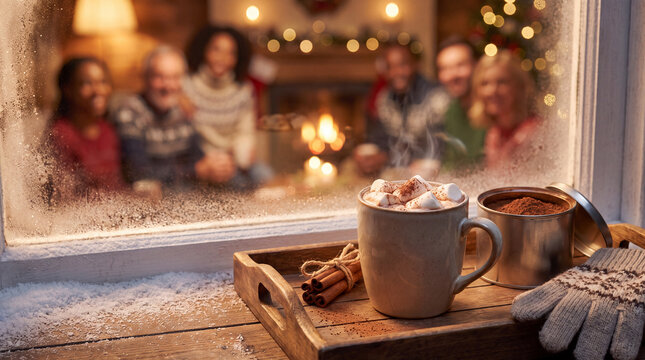 A cozy winter holiday seasonal hot cocoa with marshmallows and gloves for invitations and greeting cards.