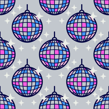 Seamless pattern of colorful disco balls and stars for birthday party celebrations and festive dance floor themed backgrounds
