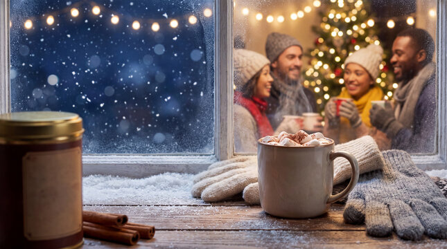 A magical winter holiday seasonal hot cocoa with marshmallows and cinnamon for event posters and banners.