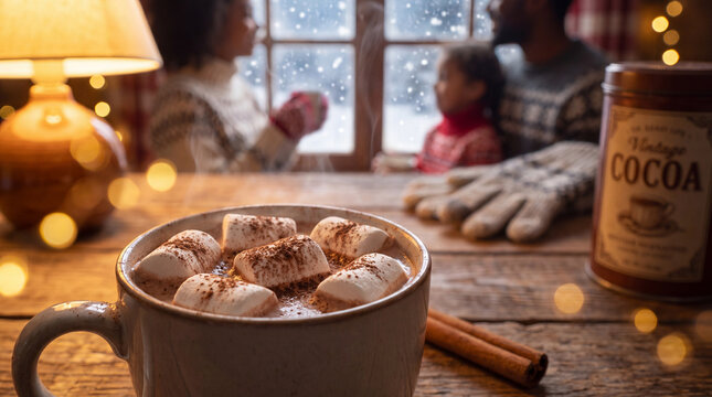 A glowing winter holiday seasonal hot cocoa with marshmallows and cinnamon for greeting cards and banners.