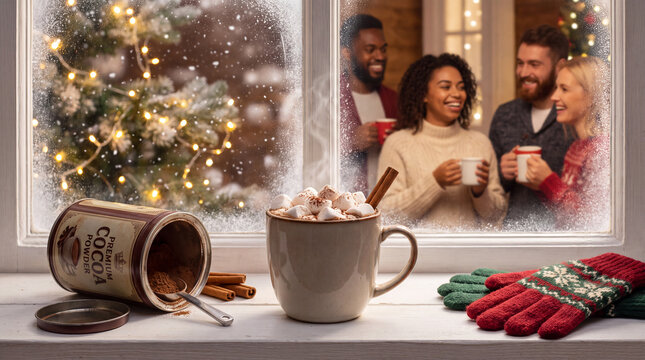 A joyful winter holiday seasonal hot cocoa with marshmallows, cinnamon and gloves for greeting cards and posters.