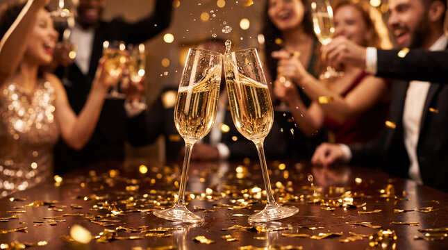 A celebratory New Year's Eve holiday winter season champagne clink with golden confetti and elegant glasses for greeting cards and posters.