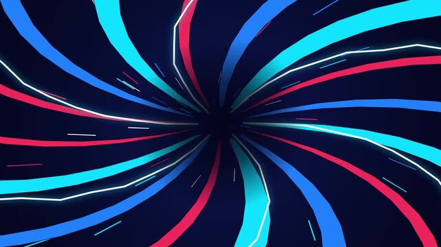 A seamless motion loop featuring a twisting pink neon cosmic pop-art vortex. Swirling speed lines, electric zig-zag arcs, and warp wedges pulse against a dark background. Ideal for VJ screens, concert