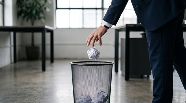 Businessman in a Suit Discarding a Crumpled Paper Ball into a Trash Can in a Modern Office