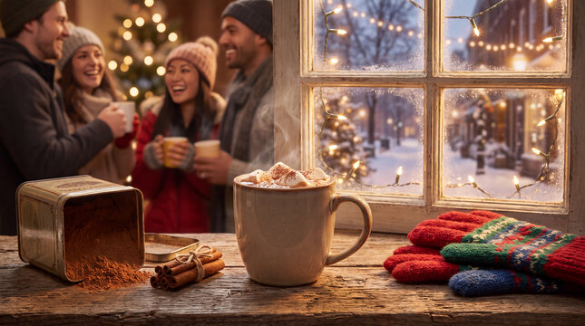 A joyful winter holiday seasonal hot cocoa with marshmallows, cinnamon and gloves for greeting cards and posters.